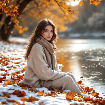 The primary subject of the image is a woman sitting on a pile of leaves near a body of water. She is wearing a sweater and a scarf, and she appears to be enjoying the serene environment. The setting includes a body of water, a tree, and a forest in the background. The visual style of the image is a photo, capturing the woman and her surroundings in a natural and peaceful atmosphere. The colors and mood of the image are predominantly warm and calming, with the